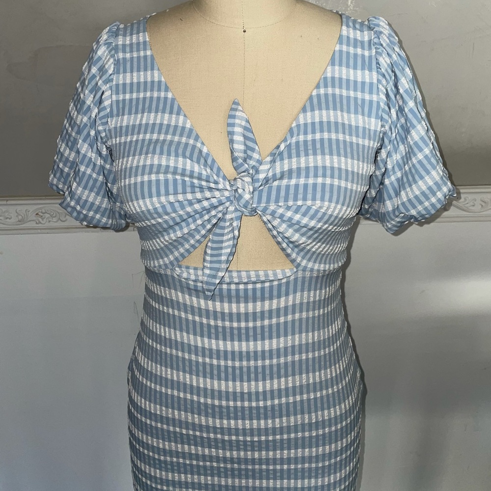 Blue Gingham Puff Sleeve Dress - Picture 2 of 6
